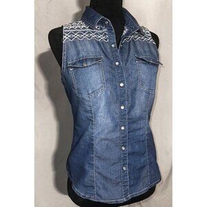 Charlotte Russe Sleeveless Denim Shirt, Embroidered, Snap Front, Size Medium